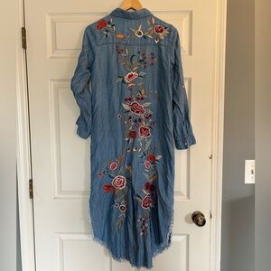 Kyla Sep Embroidered Denim Long Shirt Dress/Duster